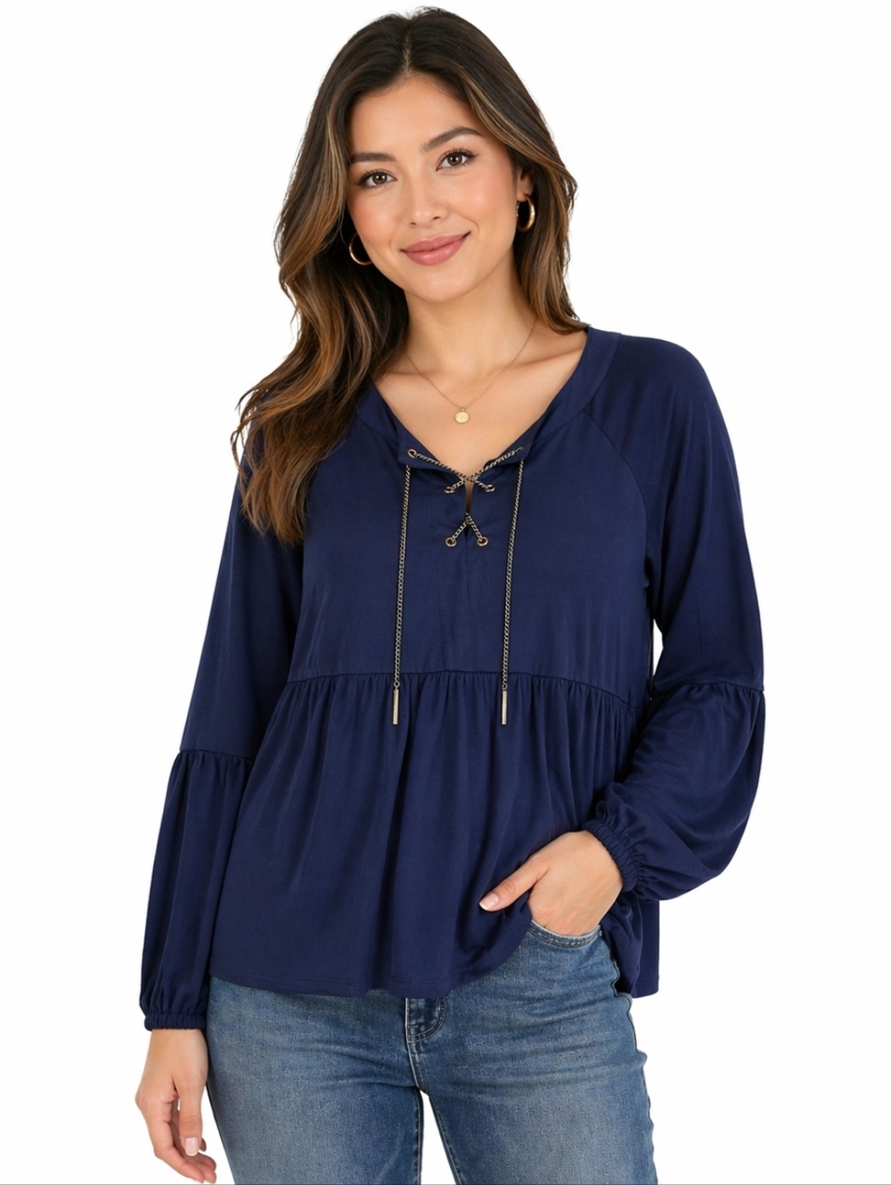 Michael Kors Chain Lace-Up Blouse In Navy Blue With Gold-tone Chain Detail
